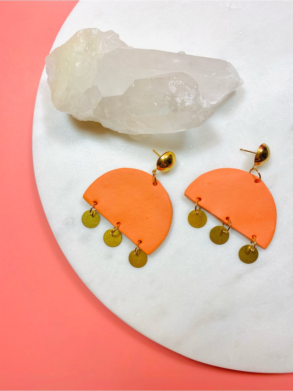 Contemporary Orange Half-Moon Earrings with Gold Discs